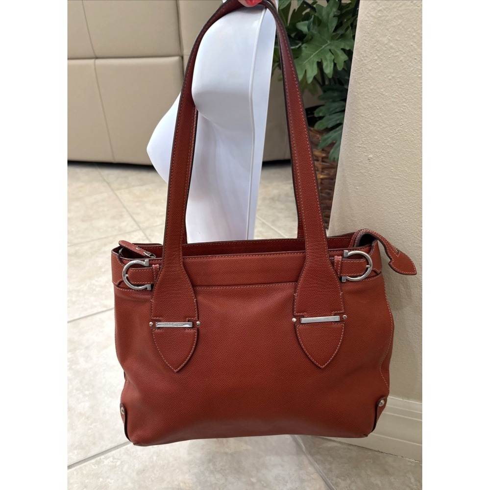 Salvatore Ferragamo Gancini Leather Tote Bag Orange/Red Shoulder Bag Purse Italy
